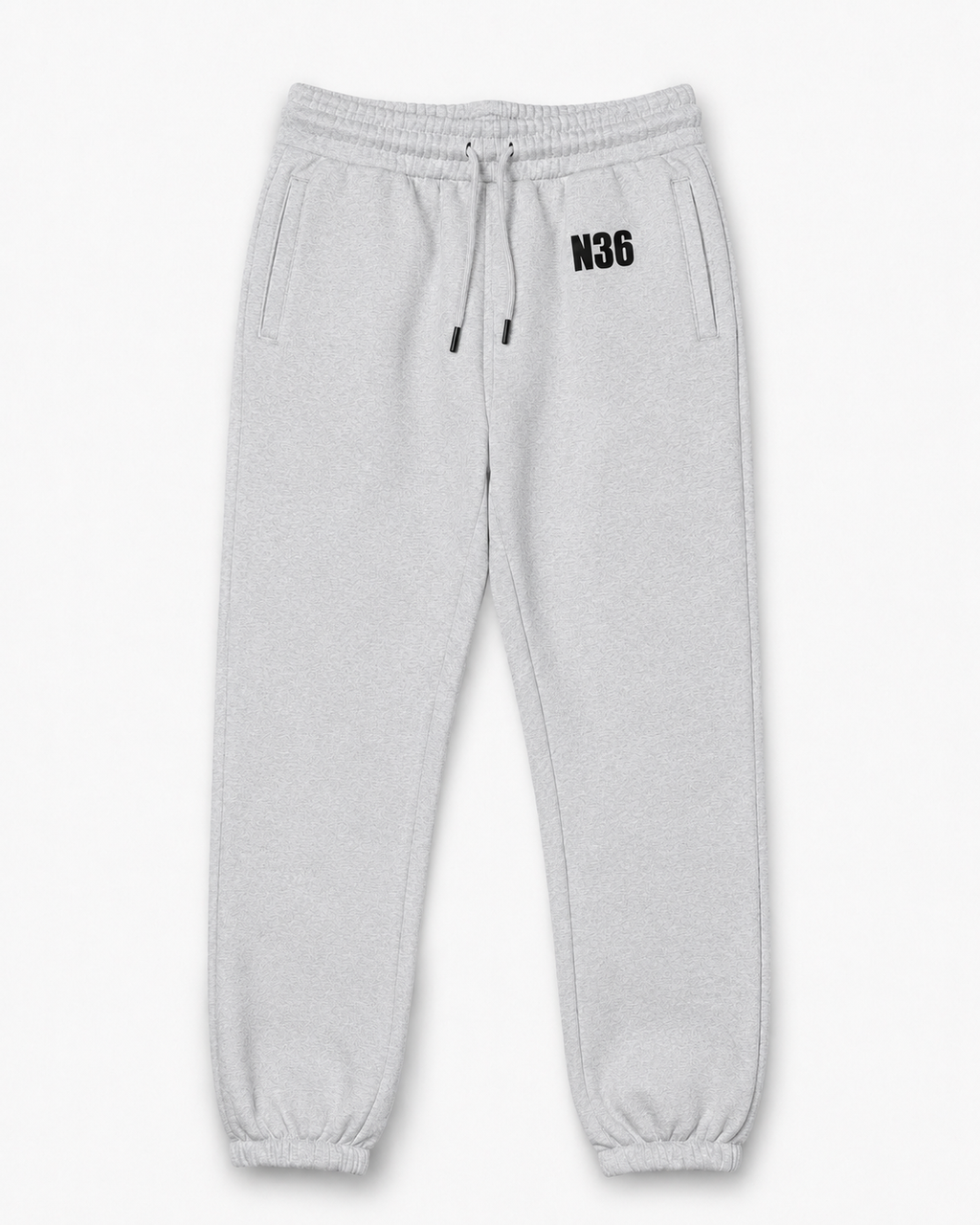 Grey sweatpants with 'N36' logo on a white background