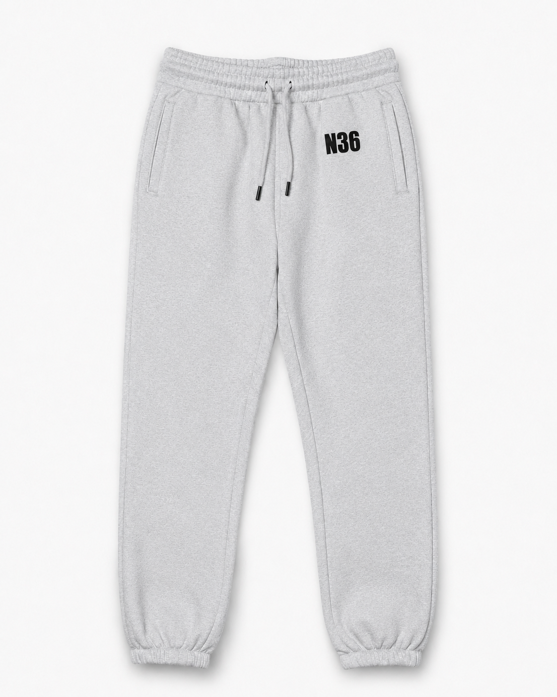 Grey sweatpants with 'N36' logo on a white background