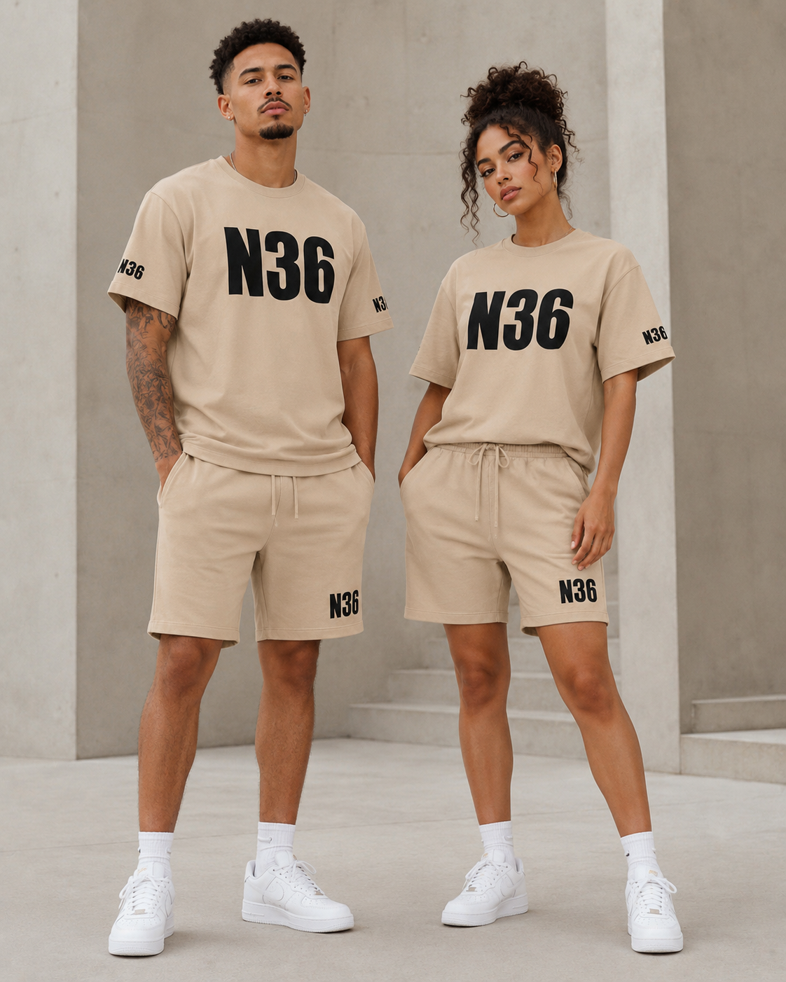 Beige N36 Unity unisex T-shirt and shorts matching set.