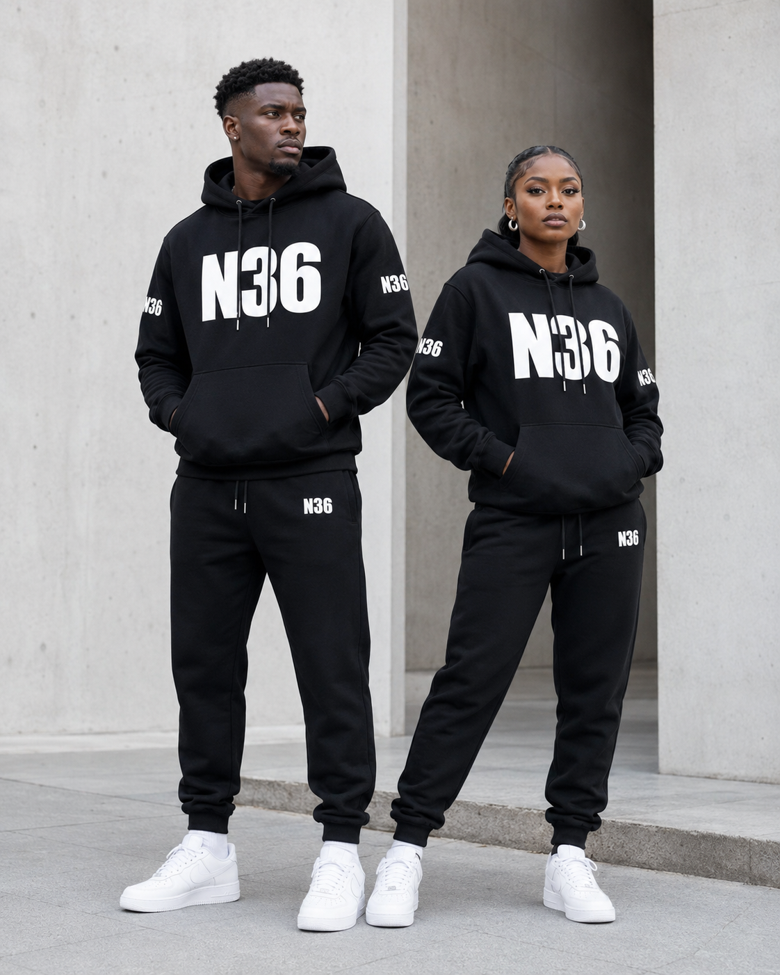 Black N36 Unity unisex hoodie and trackpants matching set.