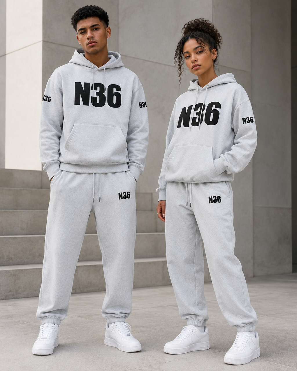 Heather grey N36 unisex cuffed trackpants.