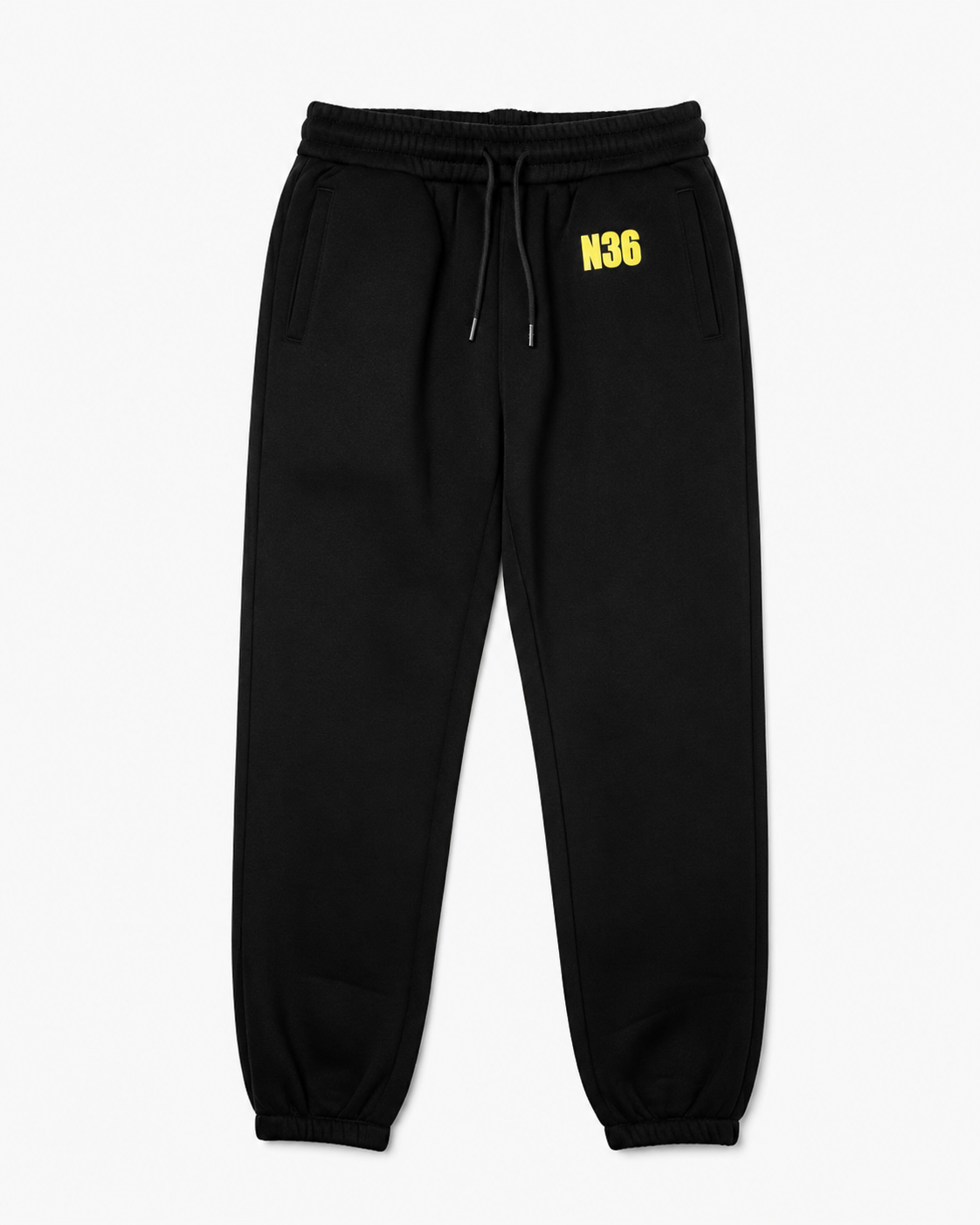 N36 unisex black trackpants with yellow thigh logo, elastic waistband and drawstring
